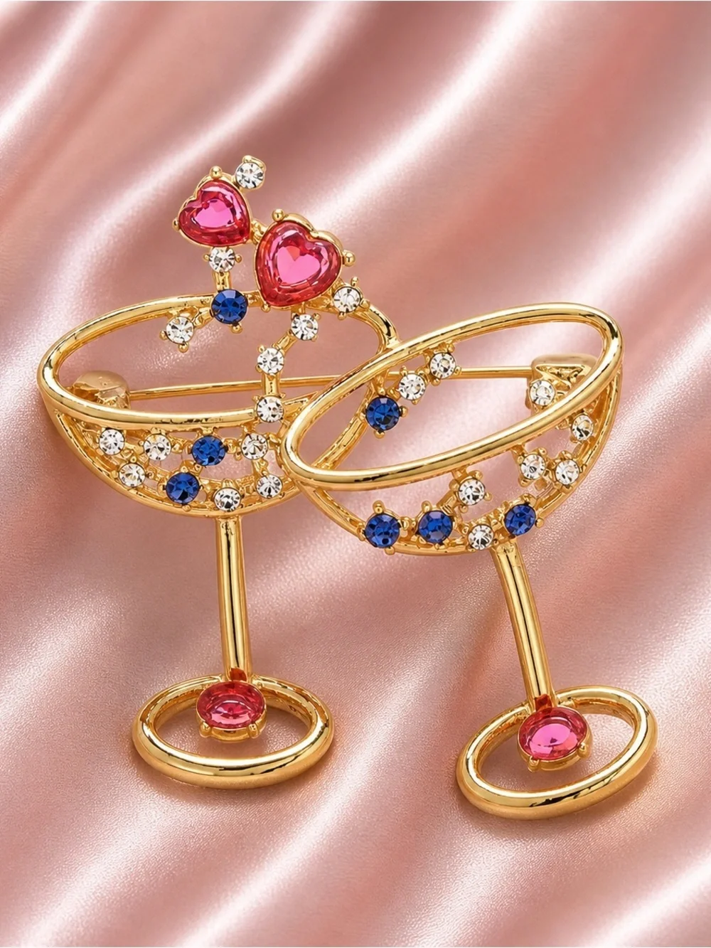 Cocktail Champagne Glass Pair Pink Blue Gems Brooch